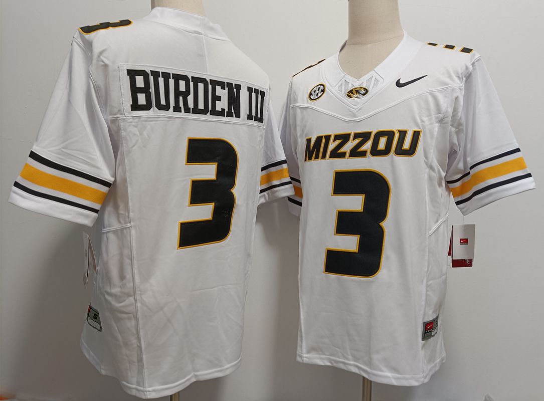 Men Missouri tiger #3 Burden iii White Nike 2025 NCAA Jersey->more ncaa teams->NCAA Jersey